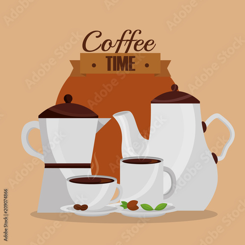 coffee maker and cups kitchenware coffee time vector illustration