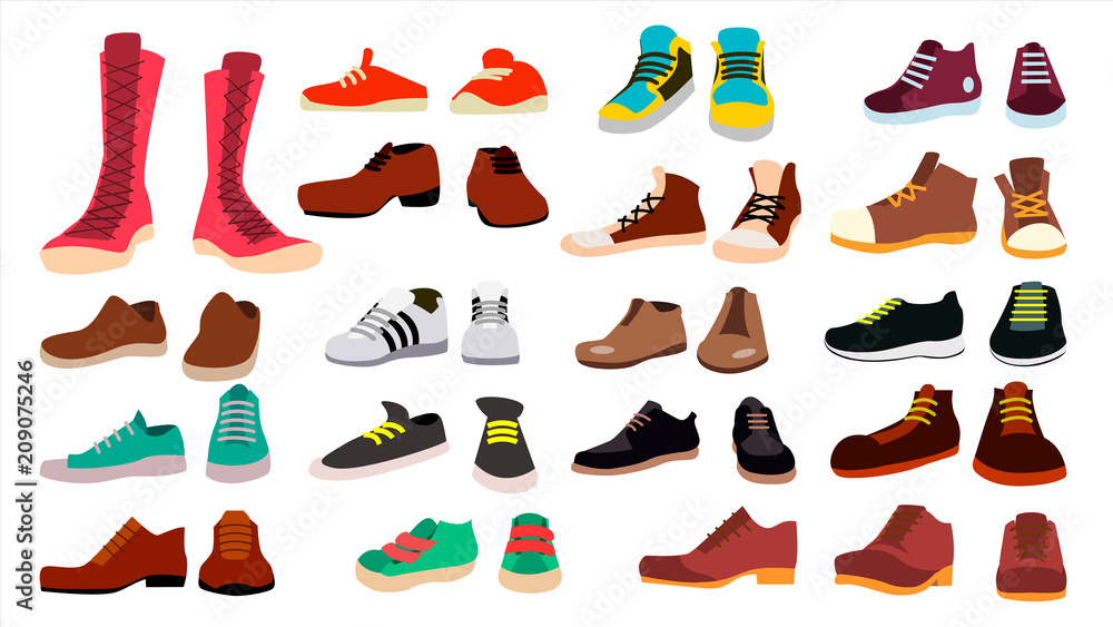 Footwear Set Vector. Fashionable Shoes. Boots. For Man And Woman. Web Icon. Flat Cartoon Isolated Illustration - obrazy, fototapety, plakaty 