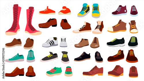 Footwear Set Vector. Fashionable Shoes. Boots. For Man And Woman. Web Icon. Flat Cartoon Isolated Illustration photo