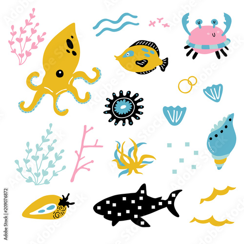 Vector illustration of cute funny baby ocean animals set for print poster scandinavian design 