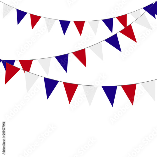 Festive garlands of red blue flags on a white background.