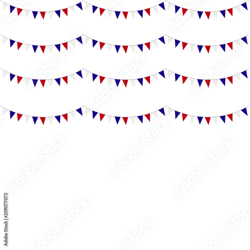 Festive garlands of red blue flags on a white background.