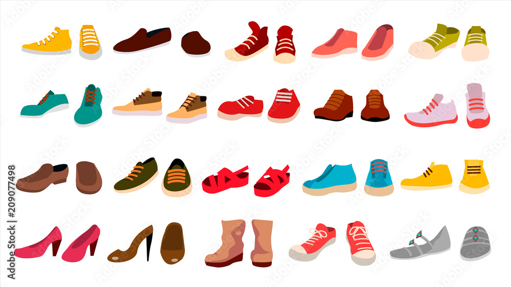 Footwear Set Vector. Stylish Shoes. For Man And Woman. Sandals. Different Seasons. Design Element. Flat Cartoon Isolated Illustration - obrazy, fototapety, plakaty 