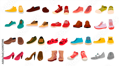 Footwear Set Vector. Stylish Shoes. For Man And Woman. Sandals. Different Seasons. Design Element. Flat Cartoon Isolated Illustration photo