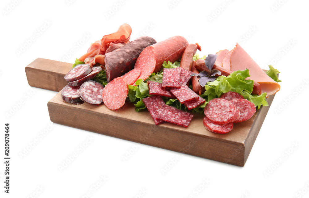 Assortment of delicious deli meats on wooden board, isolated on white Assortment of delicious deli meats on wooden board, isolated on white