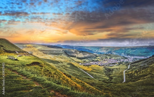 Glorious sunset over a Welsh valley landscape in the UK.