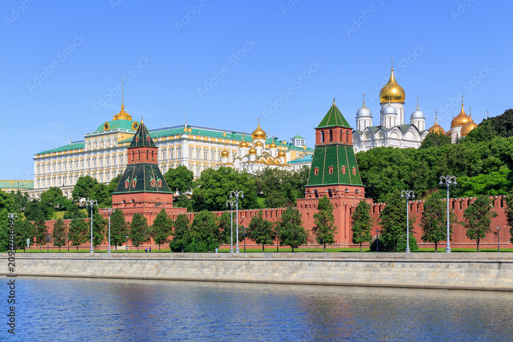 Kremlevskaya embankment of Moskva river near Moscow Kremlin in sunny summer morning