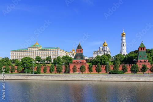 Moscow Kremlin against blue sky in sunny summer morning