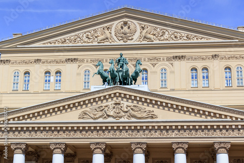 Quadriga sculpture on the facade of Bolshoi Theatre in Moscow closeup