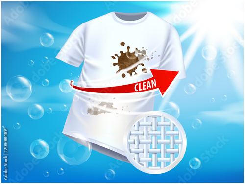 Ad vector template or magazine design. Ads poster design on blue background with white t-shirt and stains