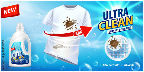 Stain remover, ad vector template or magazine design. Ads poster design on blue background with white t-shirt and stains