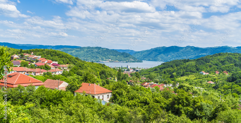 Aerial view of Orsova city, Danube river in background, Romania
