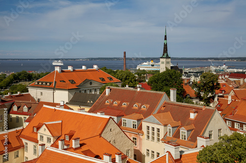 TALLINN, ESTONIA - View from the Bell tower of Dome Church / St. Mary's Cathedral, Toompea hill at The Old Town, Baltic Sea and cruise ferries