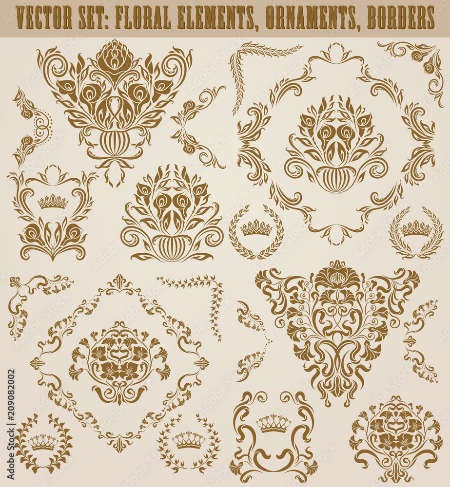 Set of gold damask ornaments. Floral element, ornate border, corner, crown, frame, laurel wreath for design. Page, web royal decoration on black background in vintage style. Vector illustration. Set of gold damask ornaments. Floral element, ornate border, corner, crown, frame, laurel wreath for design. Page, web royal decoration on black background in vintage style. Vector illustration.