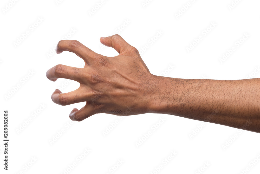 Black male hand picking up something, cutout Black male hand picking up something, cutout