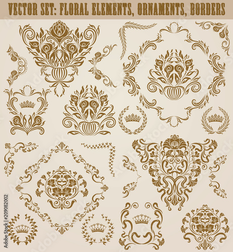 Set of gold damask ornaments. Floral element, ornate border, corner, crown, frame, laurel wreath for design. Page, web royal decoration on black background in vintage style. Vector illustration.