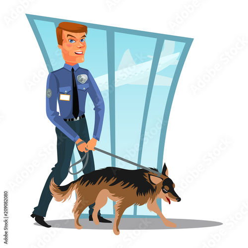 Caucasian Police officer with dog, canine security policeman officer and watchdog, man in uniform holding German Shepherd, cartoon cop isolated on white vector illustration