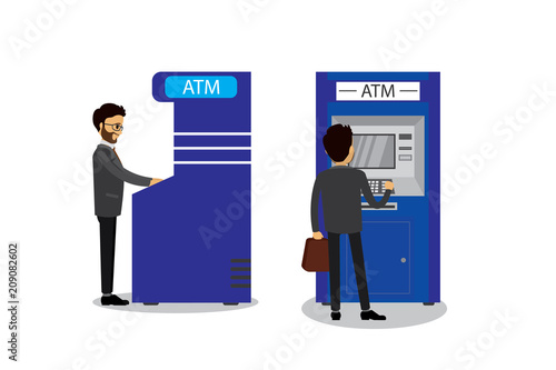 Caucasian businessman and ATM bank terminal,human back and profile view