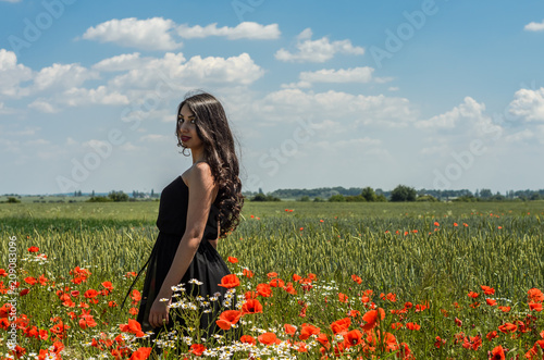 Fototapeta Naklejka Na Ścianę i Meble -  Young charming brunette girl in a field with flowers of poppies and daisies on a bright sunny summer day