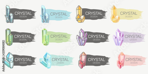 Set of colorful elongated flags with crystals.