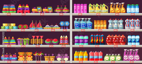 Supermarket aisle shelves with toys and chemicals