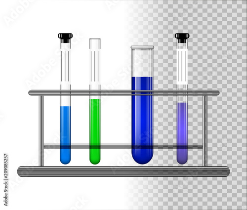 Test tubes with liquid on a glass stand. Transparent glass flasks with cap. Vector illustration.