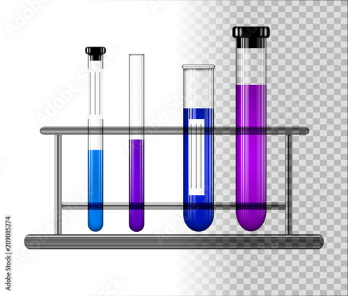 Test tubes with liquid on a glass stand. Transparent glass flasks with cap. Vector illustration.