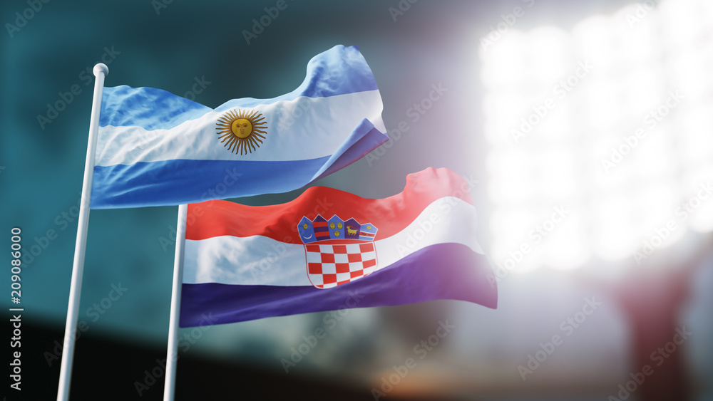 3D Illustration. Two national flags waving on wind. Night stadium ...