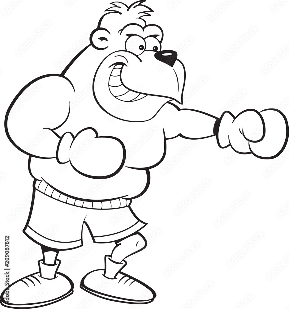 Black and white illustration of a gorilla wearing boxing gloves punching. Black and white illustration of a gorilla wearing boxing gloves punching.