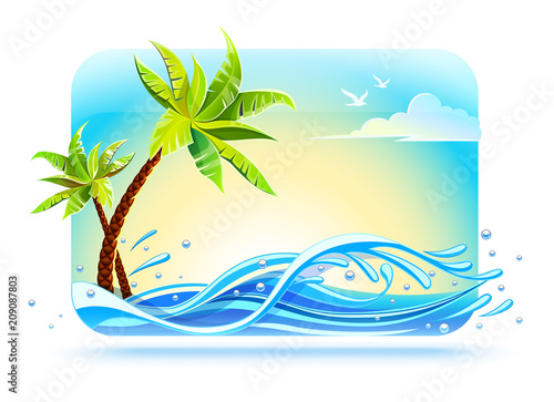 Fototapeta Naklejka Na Ścianę i Meble -  Tropical palms on beach among sea waves in ocean sunny day