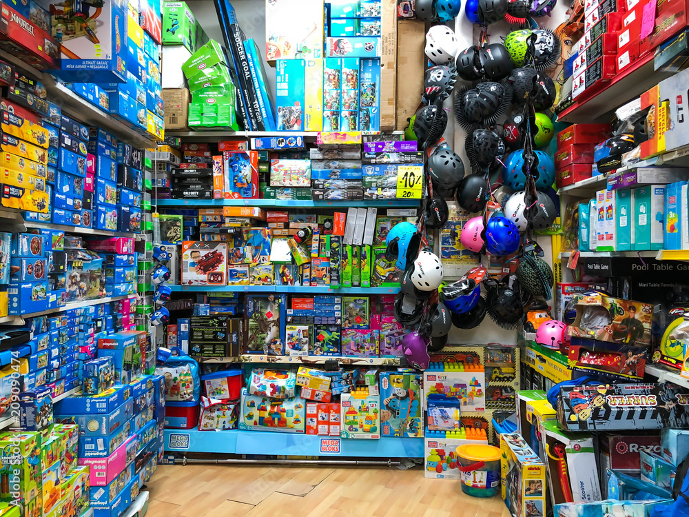 RISHON LE ZION, ISRAEL- APRIL 27, 2018: Shelves with toys in the store in Rishon Le Zion, Israel