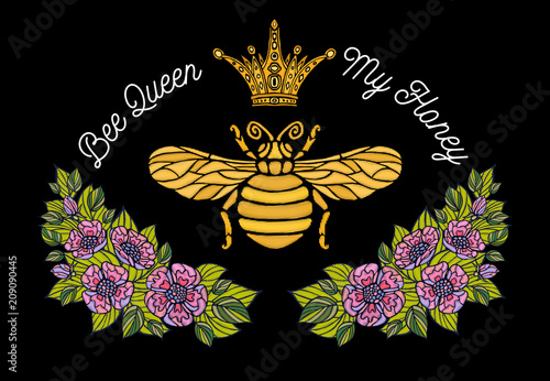 Bee crown flowers embroidery patsh. Honey bee bumblebee floral leaf Insect embroidery. Hand drawn vector illustration photo