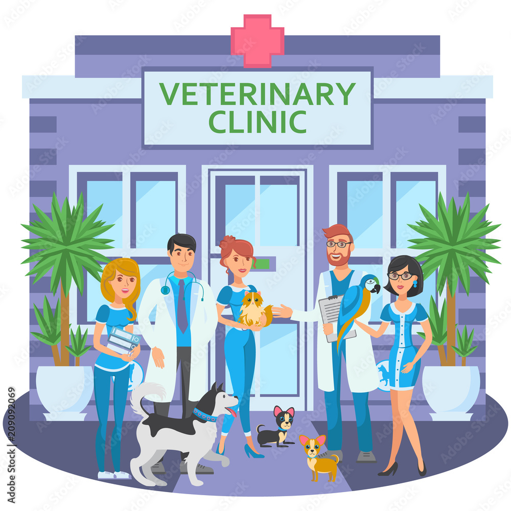 Cartoon group of joyful veterinarians with pets Cartoon group of joyful veterinarians with pets