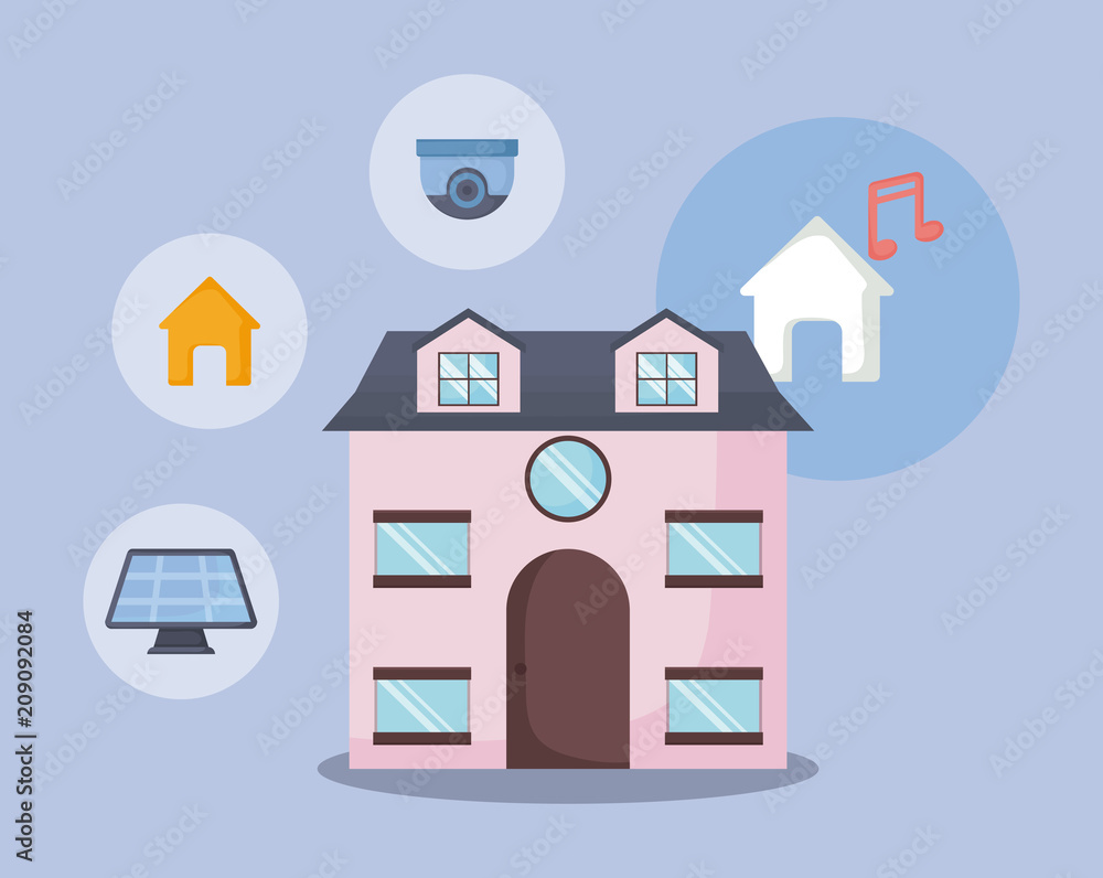 Modern house with smart home related icons over purple background, colorful design. vector illustration