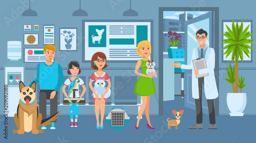 Cartoon people with ill pets sit at reception