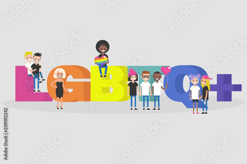 LGBTQ+ sign. LGBT. Homosexual relationships. Rainbow colors. Modern lifestyle. Young people standing and seating near by 3D letters. Flat editable vector illustration, clip art