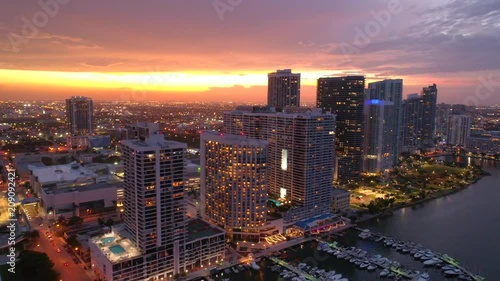 Aerial lateral b roll footage Edgewater Miami awesome sunset 4k photo