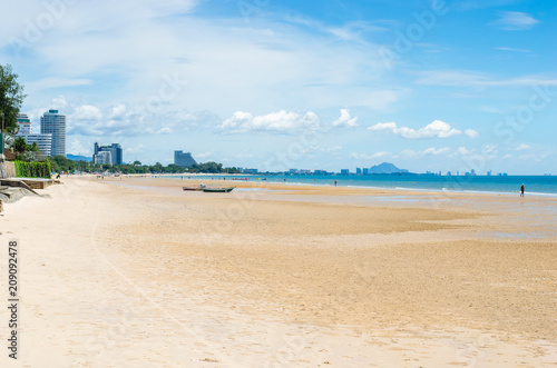 Tropical beach in morning with blue sky and cloud at Huahin, Thailand, Wat Khao Takiap