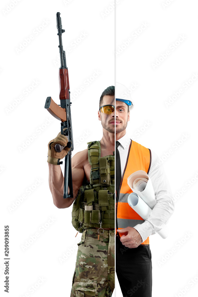 Comparison of military man and architect's outlook. Soldier wearing military uniform, Kalashnikov automatic machine. Architect wearing white shirt with black tie, orange vest, helmet, keeping papers. Comparison of military man and architect's outlook. Soldier wearing military uniform, Kalashnikov automatic machine. Architect wearing white shirt with black tie, orange vest, helmet, keeping papers.