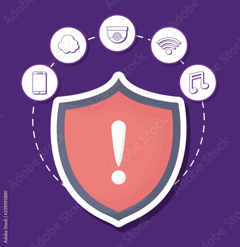 shield with smart house related icons over purple background, colorful design. vector illustration