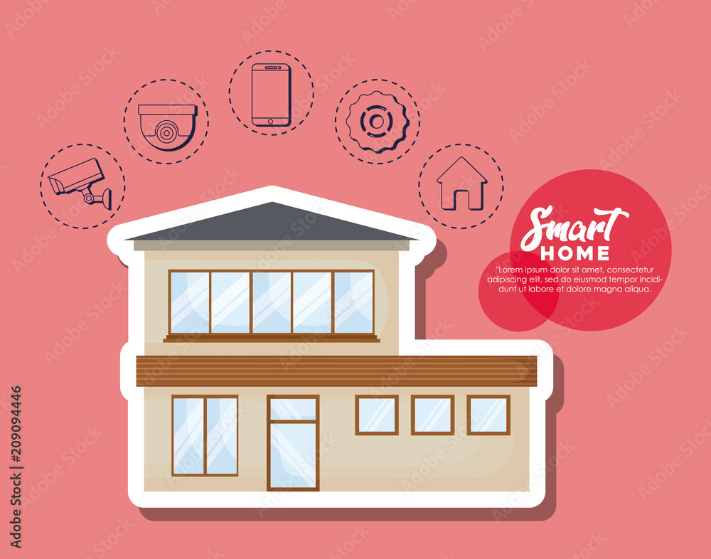 Modern house with smart home related icons over red background, colorful design. vector illustration Modern house with smart home related icons over red background, colorful design. vector illustration