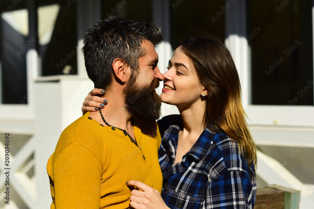 Girl and bearded guy or happy lovers on a date Girl and bearded guy or happy lovers on a date