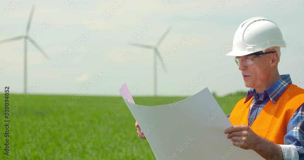 Engineer Analyzing Plan While Looking At Windmills In Farm Engineer Analyzing Plan While Looking At Windmills In Farm