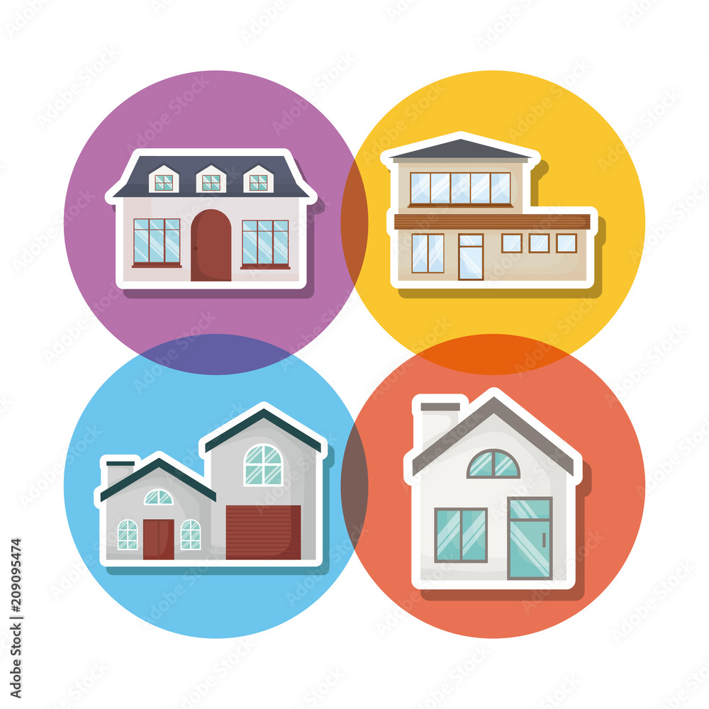 icon set of modern houses over colorful circles and white background, vector illustration