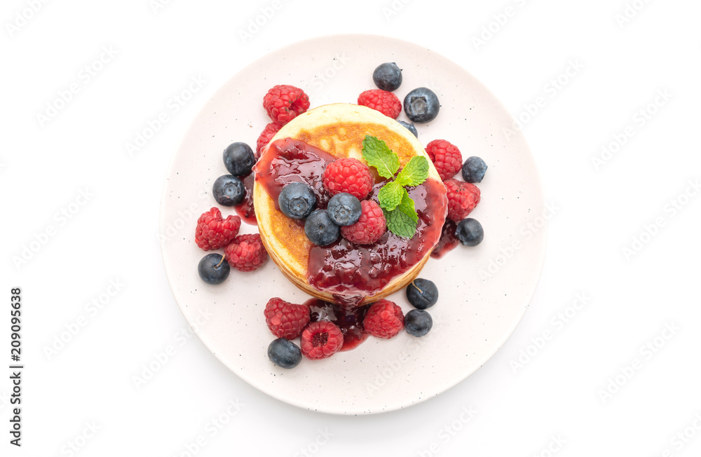 pancake with fresh raspberries and blueberries pancake with fresh raspberries and blueberries