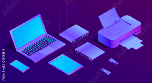 Vector 3d isometric violet laptop, router with wi-fi and office equipment. Ultraviolet computer, flash drivers with printer for networking, typography. Wireless technology, electronic mobile device.