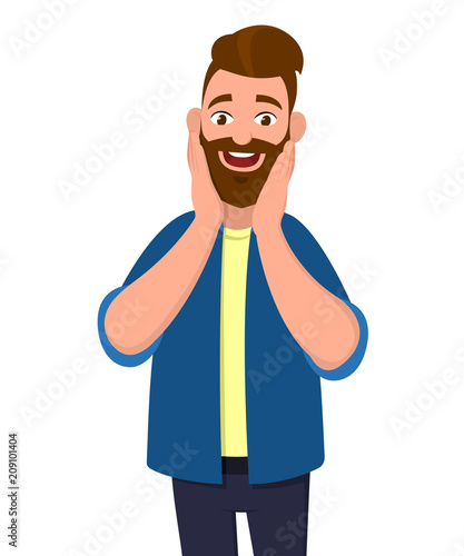 Young surprised man with opened mouth. Man with surprised face expression.