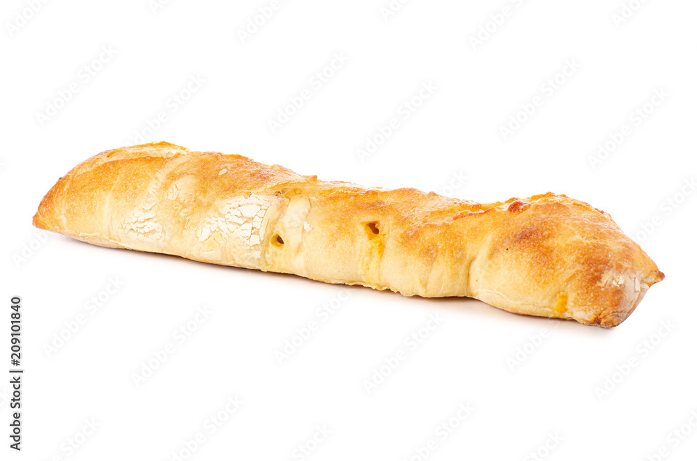 Baguette with cheese on white background isolation