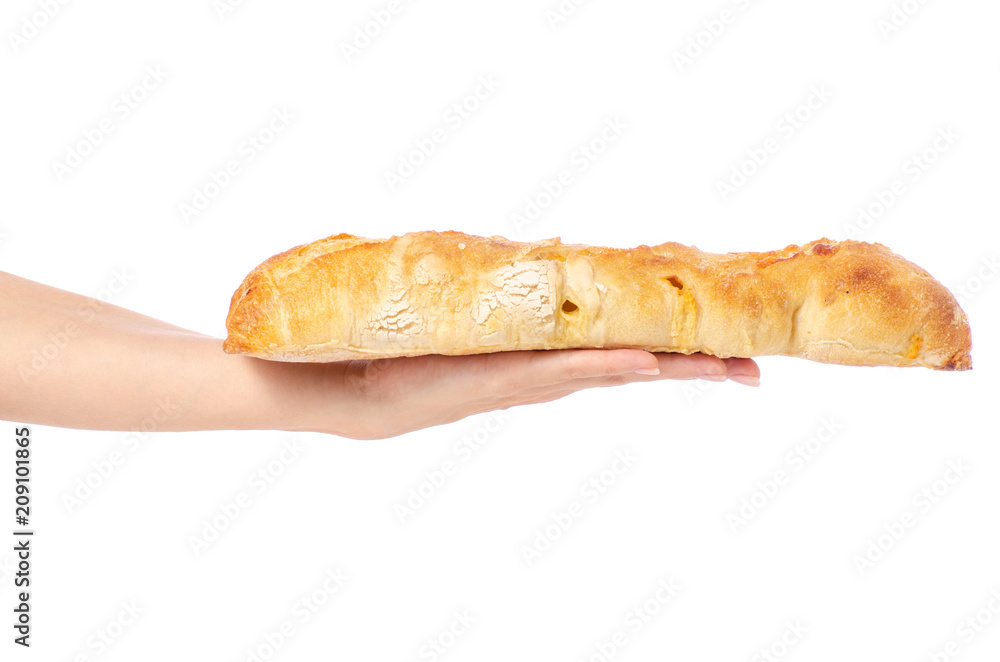 Baguette with cheese in hand on white background isolation