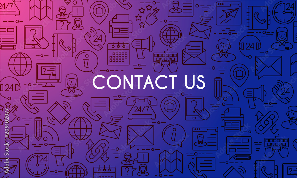 Contact us banner. Design template with thin line icons on theme customer service and support. Vector illustration Contact us banner. Design template with thin line icons on theme customer service and support. Vector illustration